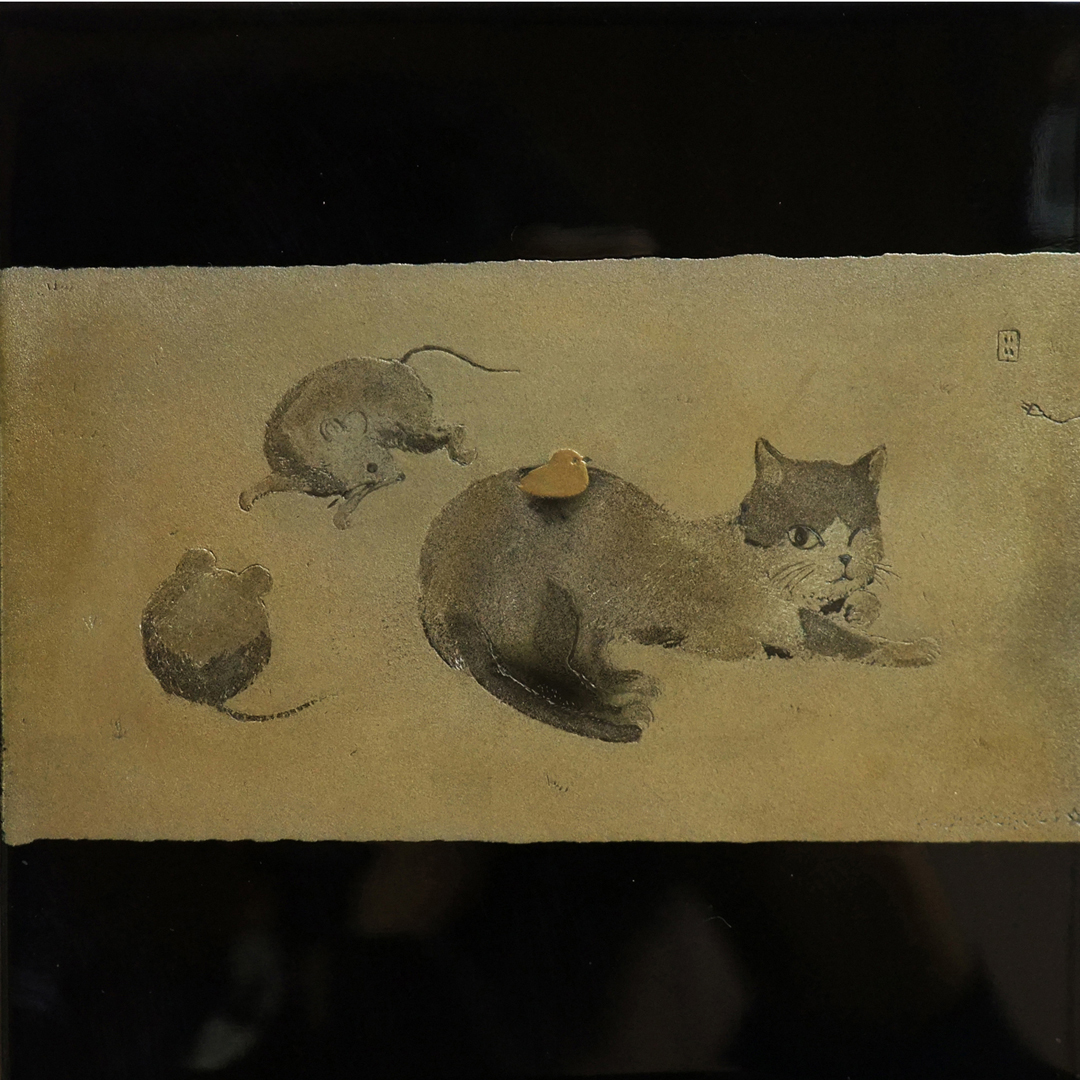 蒔絵 純銀 墨絵 銀研ぎ切り ねこ ねずみ 漆絵 うるし絵